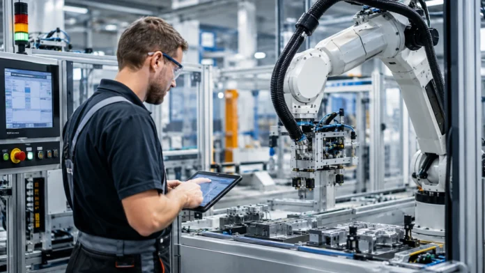 zlintech-ai-automatizace-technika-trh Technik obsluhující automatizované robotické pracoviště ve výrobě.